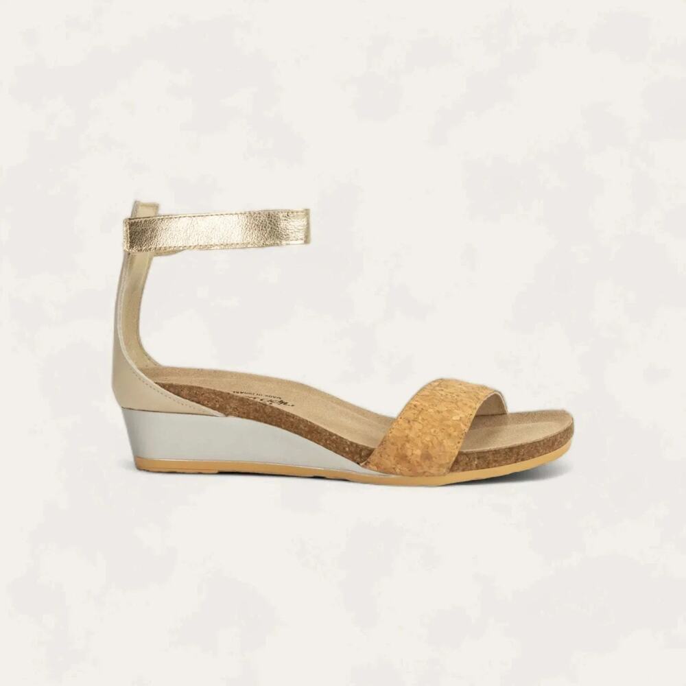 Naot Pixie Low Wedge Sandal Gold Tan Cork Open Toe Ankle Strap Comfort 36 5
